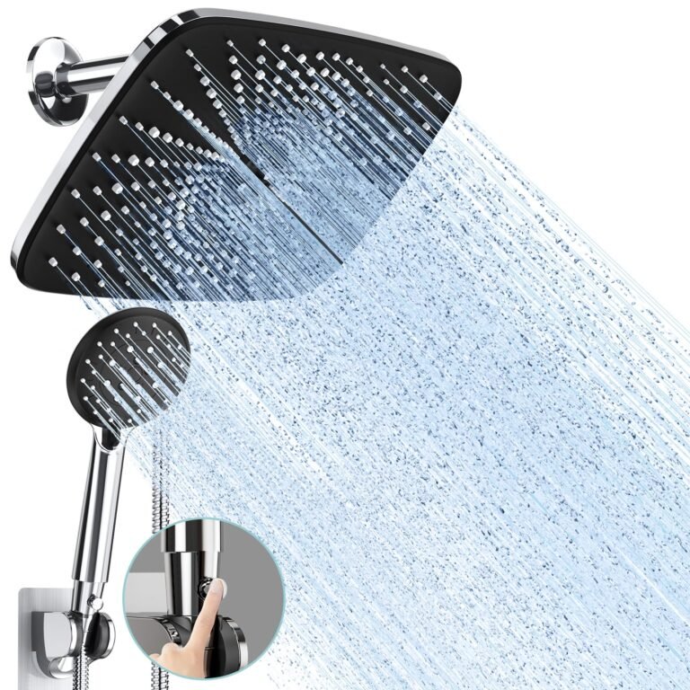 Black and chrome shower head with water streams and a hand shower