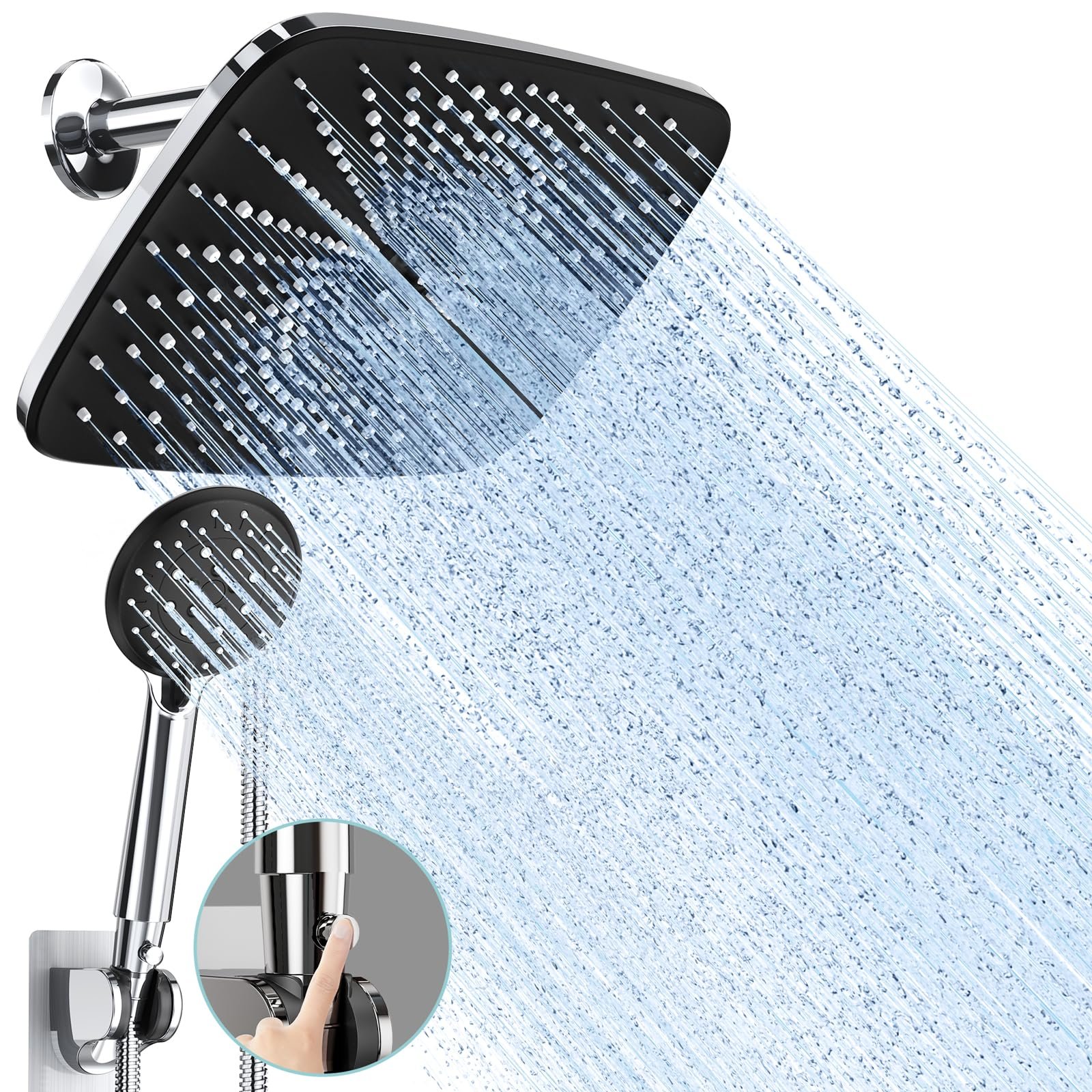 Black and chrome shower head with water streams and a hand shower