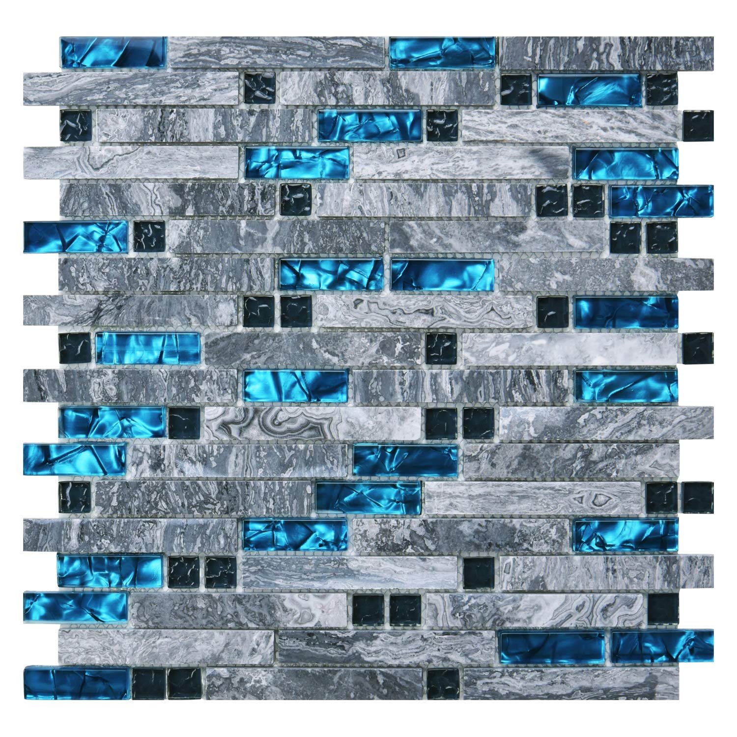Mosaic tile pattern with gray stone, blue glass, and black squares