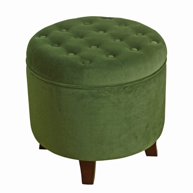 Green velvet ottoman with button tufting and wooden legs