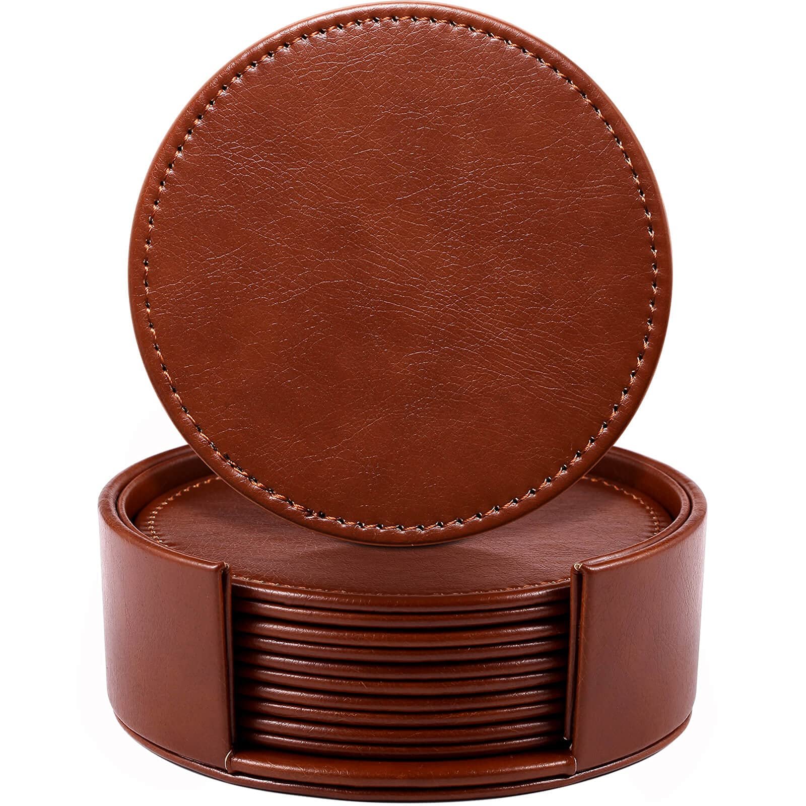 Brown leather coasters in a stack with one on top