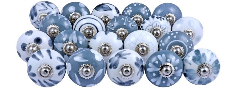 Collection of decorative ceramic knobs in blue and white patterns