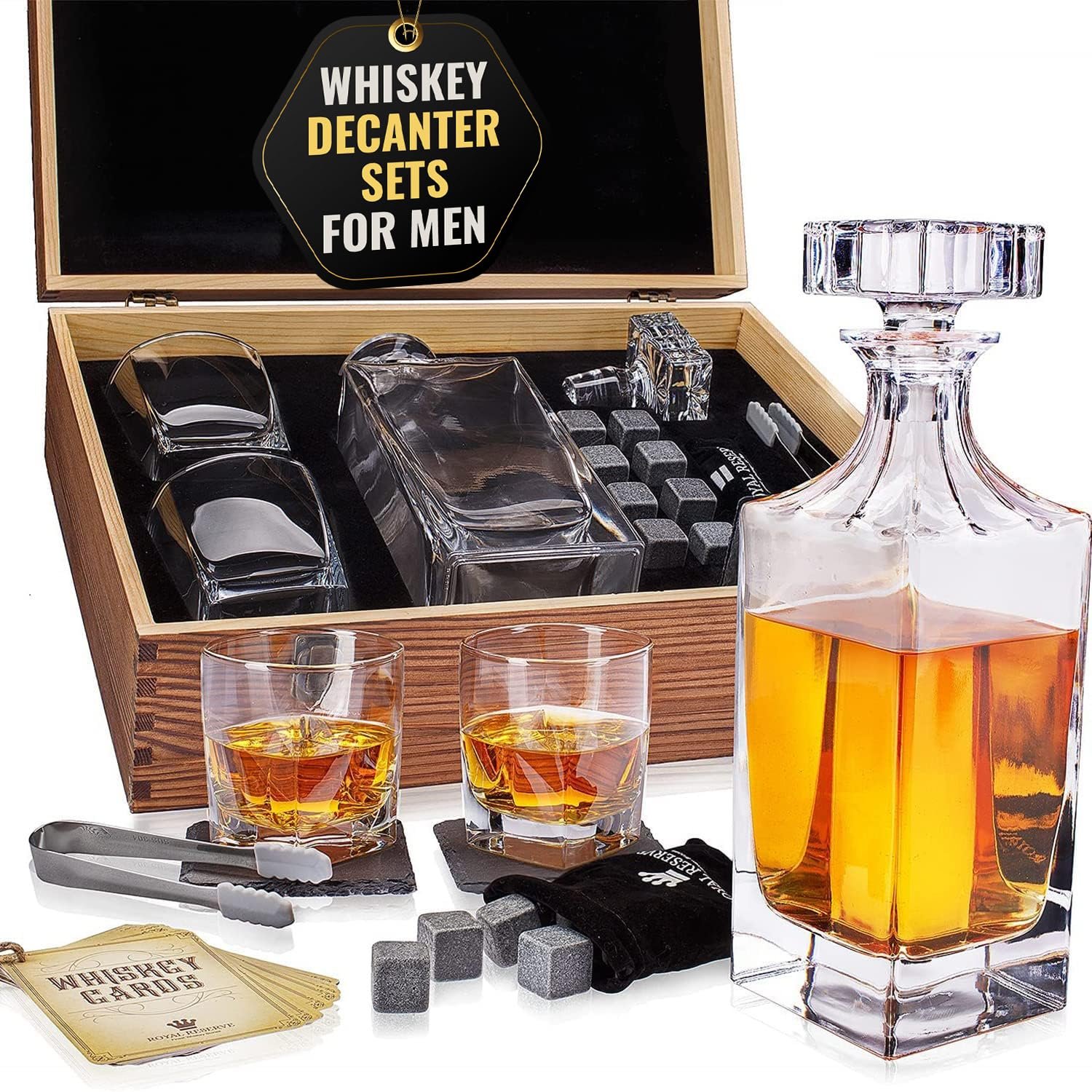 Whiskey decanter set with glasses, stones, and a wooden box