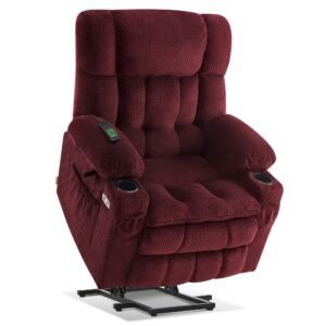 Burgundy lift recliner chair with cup holders and remote control