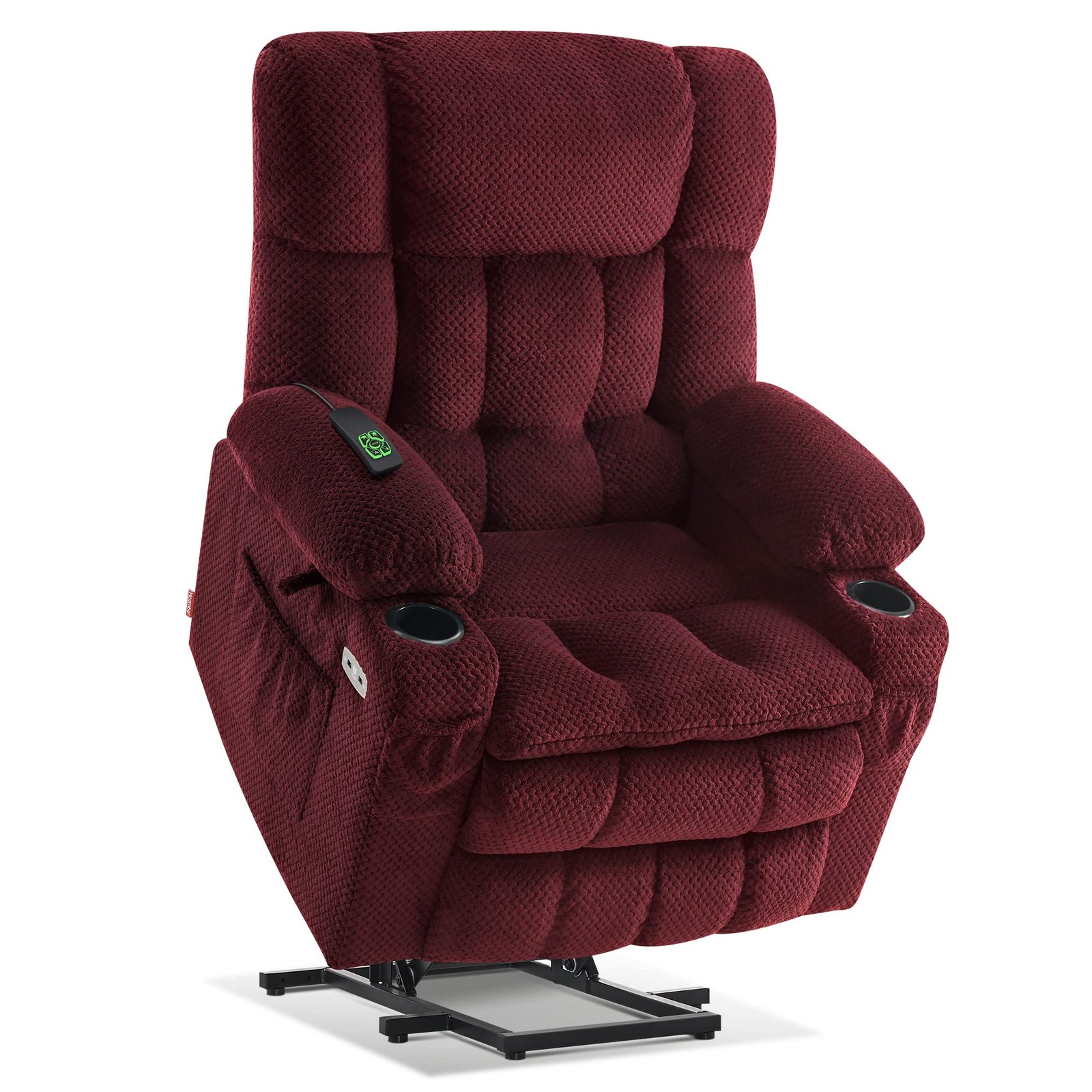 Burgundy lift recliner chair with cup holders and remote control