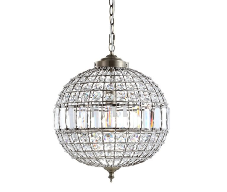 Crystal ball chandelier hanging from a chain, isolated on a white background