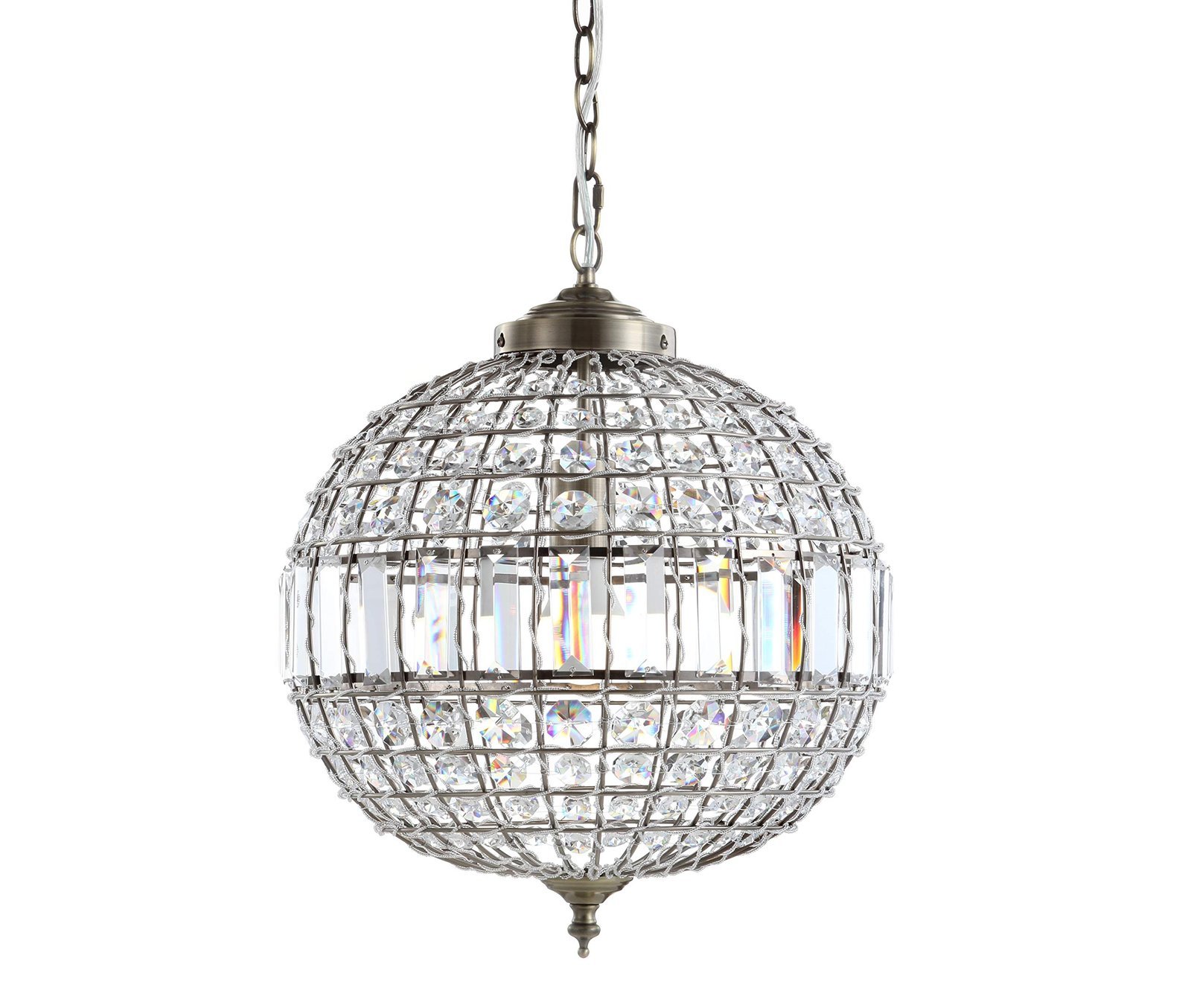 Crystal ball chandelier hanging from a chain, isolated on a white background