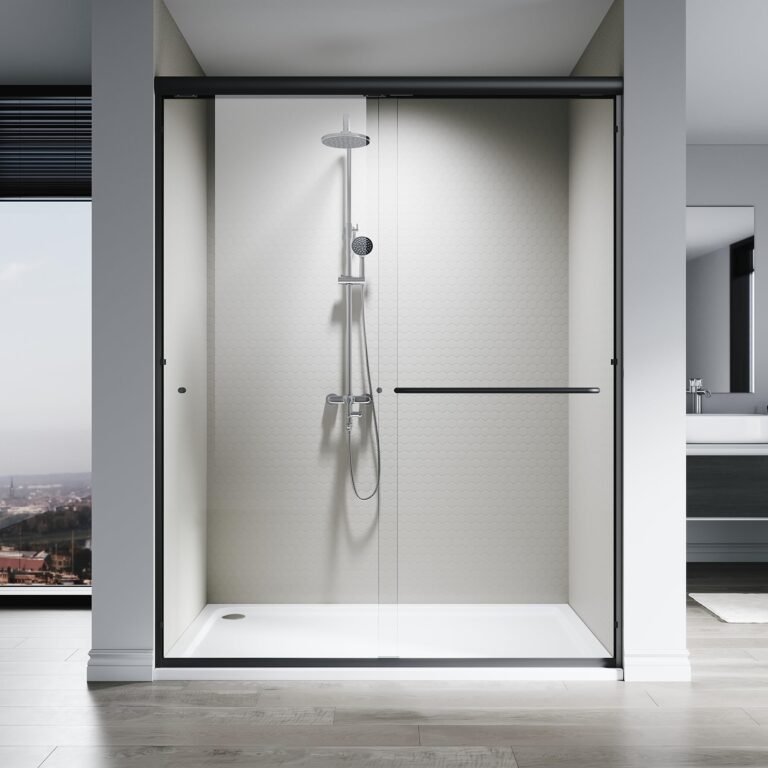 Modern shower with glass doors, hexagon tile, and a rain shower head