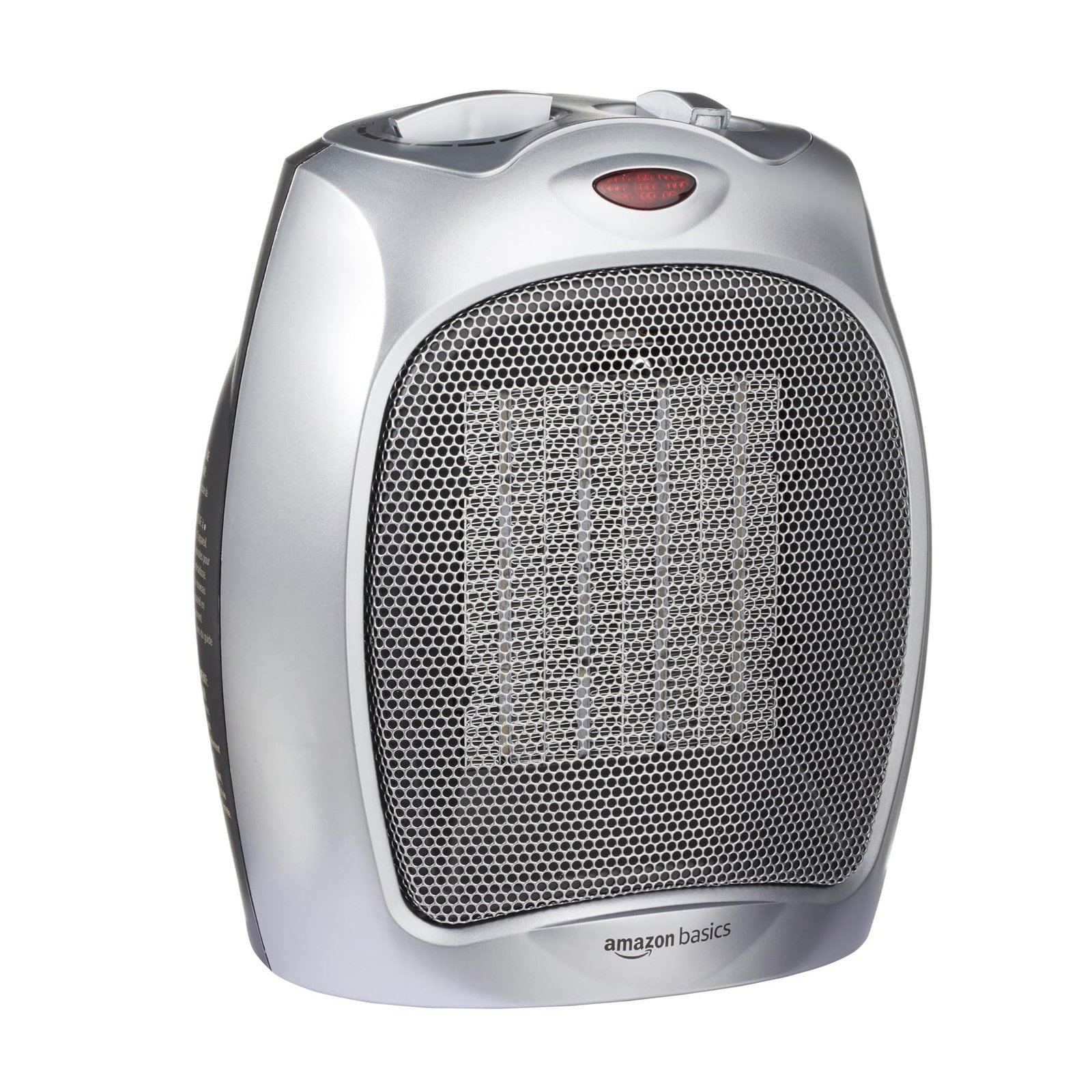 Silver Amazon Basics space heater with a mesh front and red display