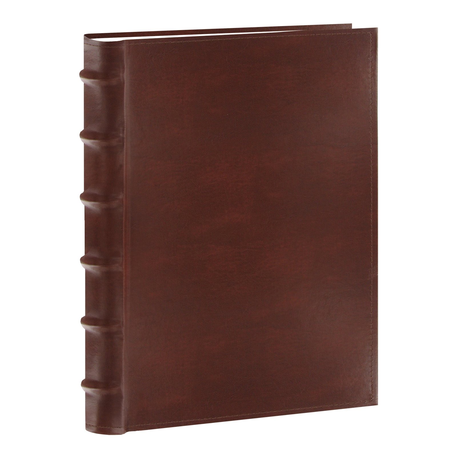 Brown leather-bound book with raised spine detailing, isolated on white background