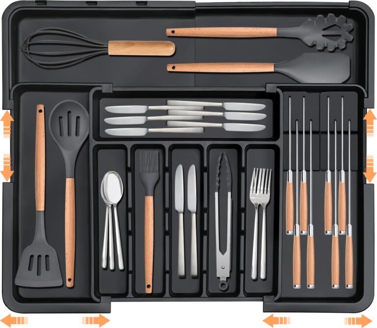 Black kitchen utensil organizer with various cooking tools and cutlery