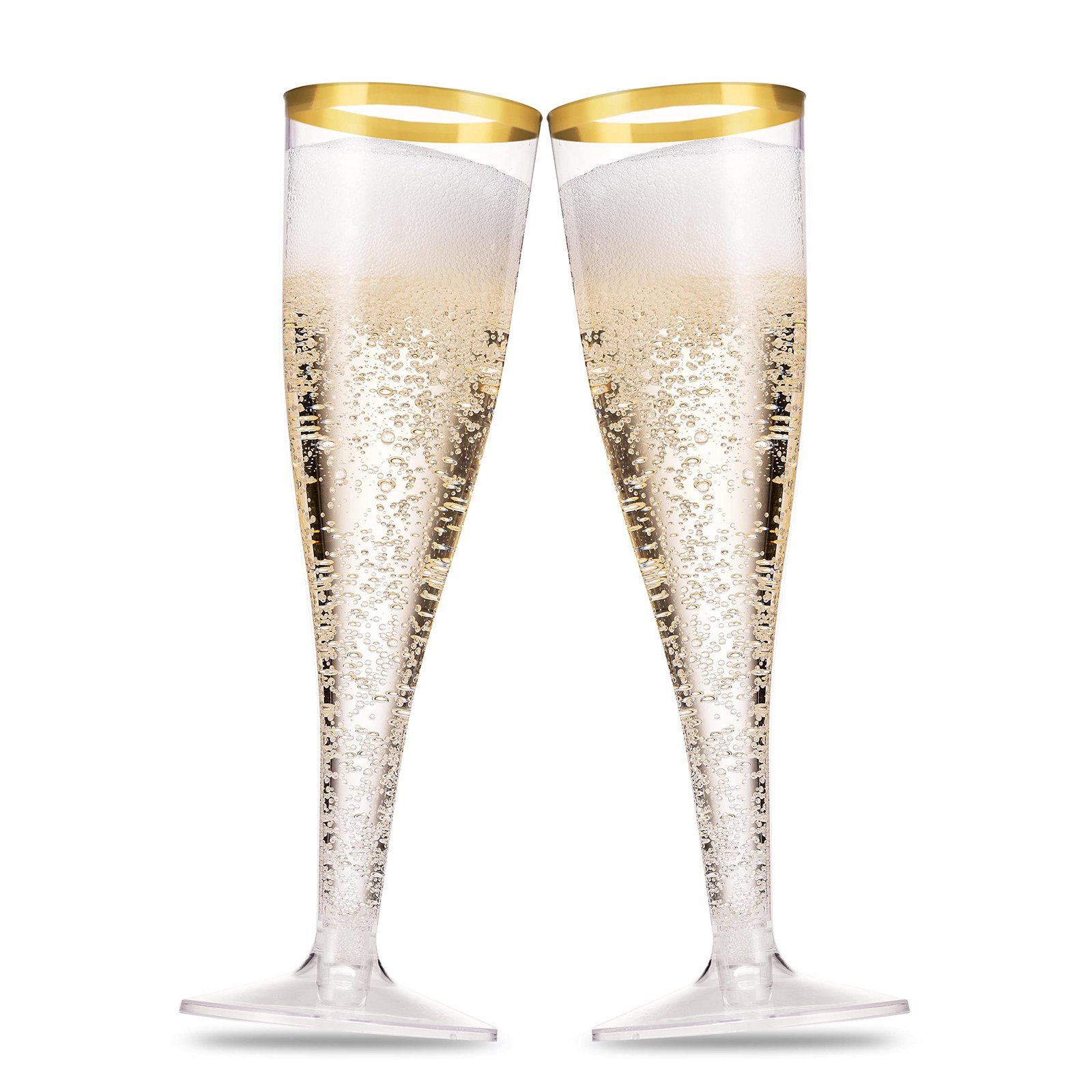 Two champagne flutes filled with bubbly champagne, gold rim