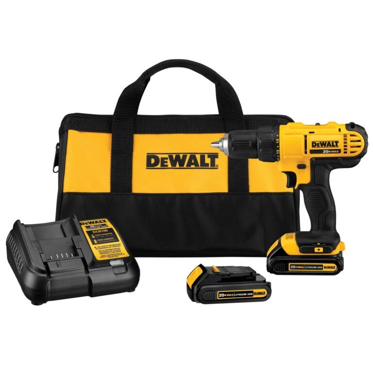Dewalt 20V Max cordless drill kit with bag, charger, and batteries
