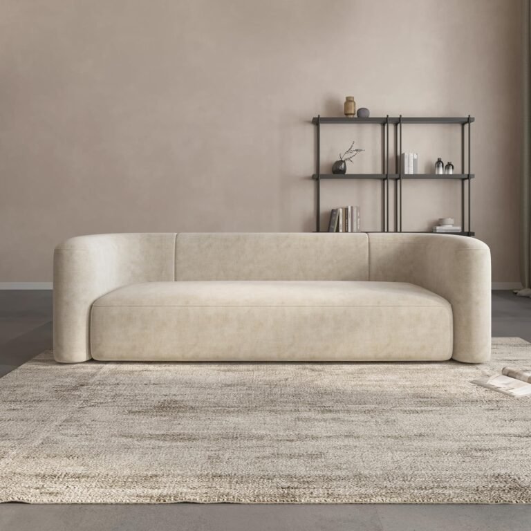 Beige sofa on a rug with a shelf and decor in a room