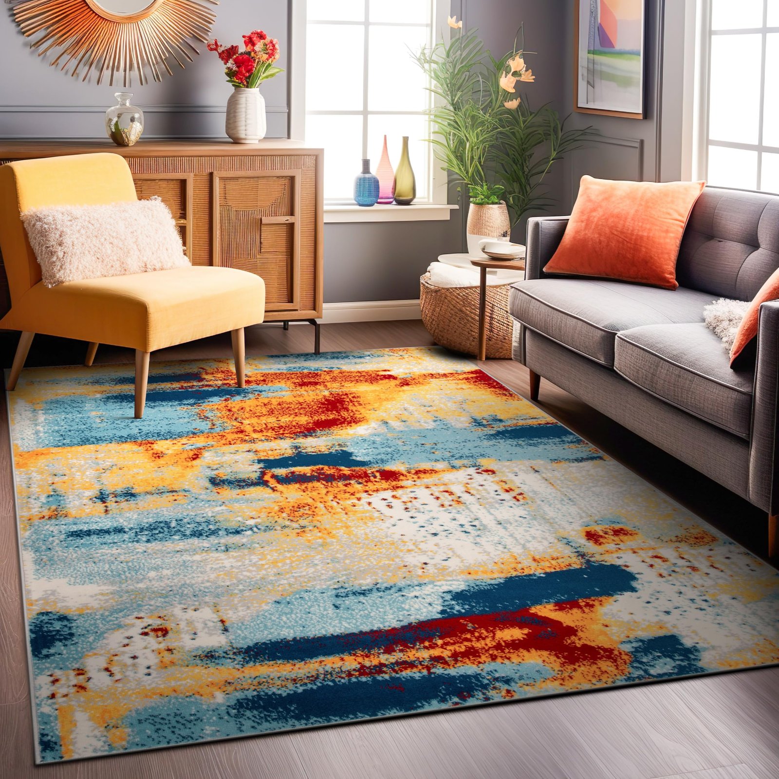 Living room with colorful abstract rug, yellow chair, and gray sofa