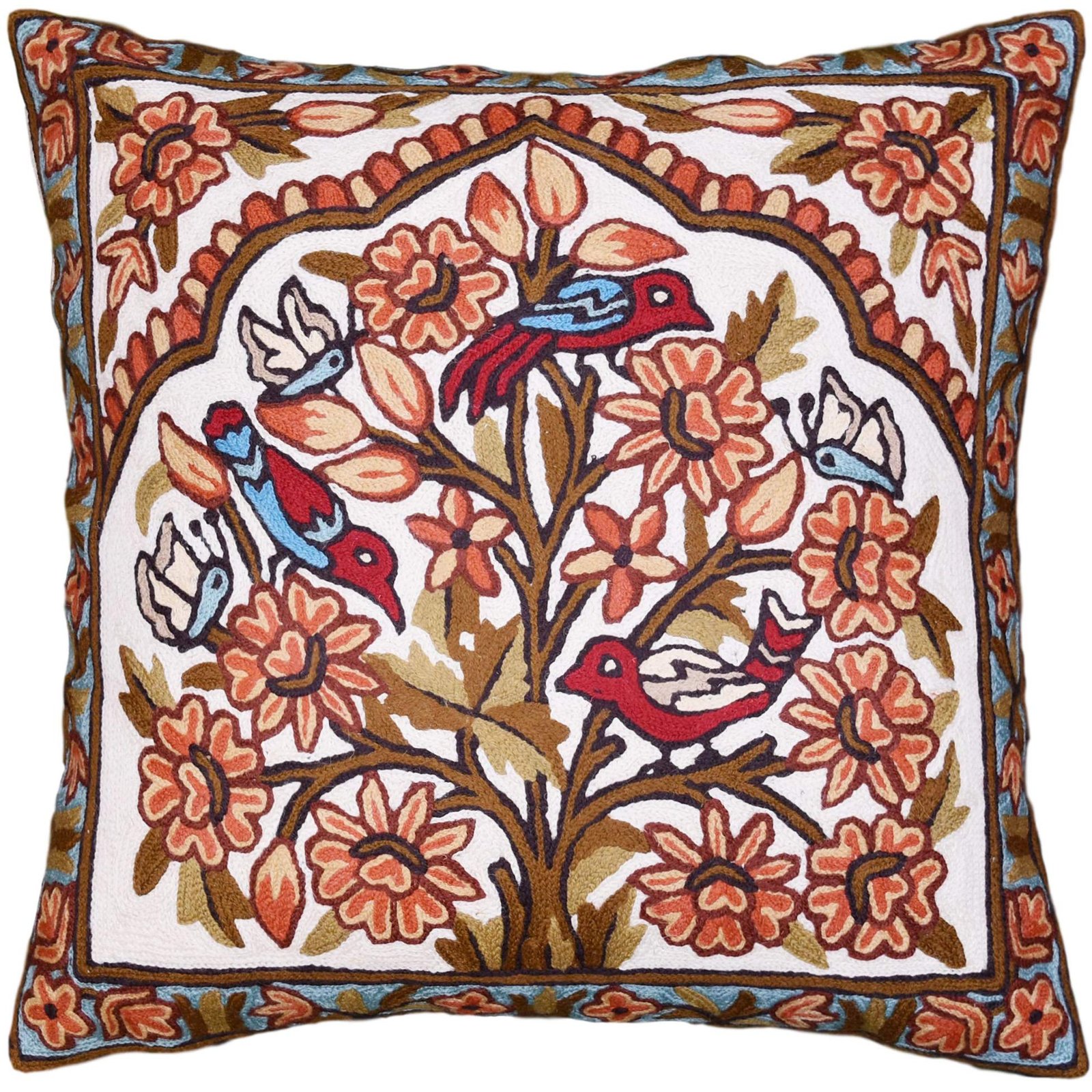 Embroidered pillow with birds, flowers, and butterflies in a floral design