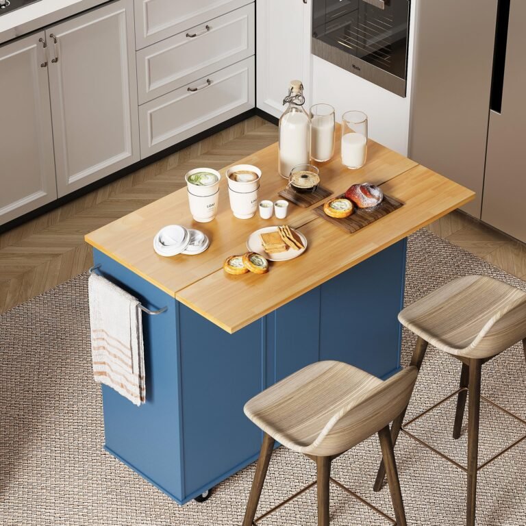 Kitchen island with breakfast items, stools, and a towel