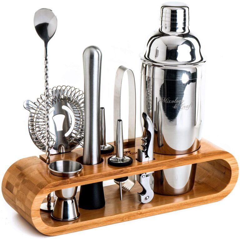 Cocktail shaker set with bar tools in a bamboo wood holder