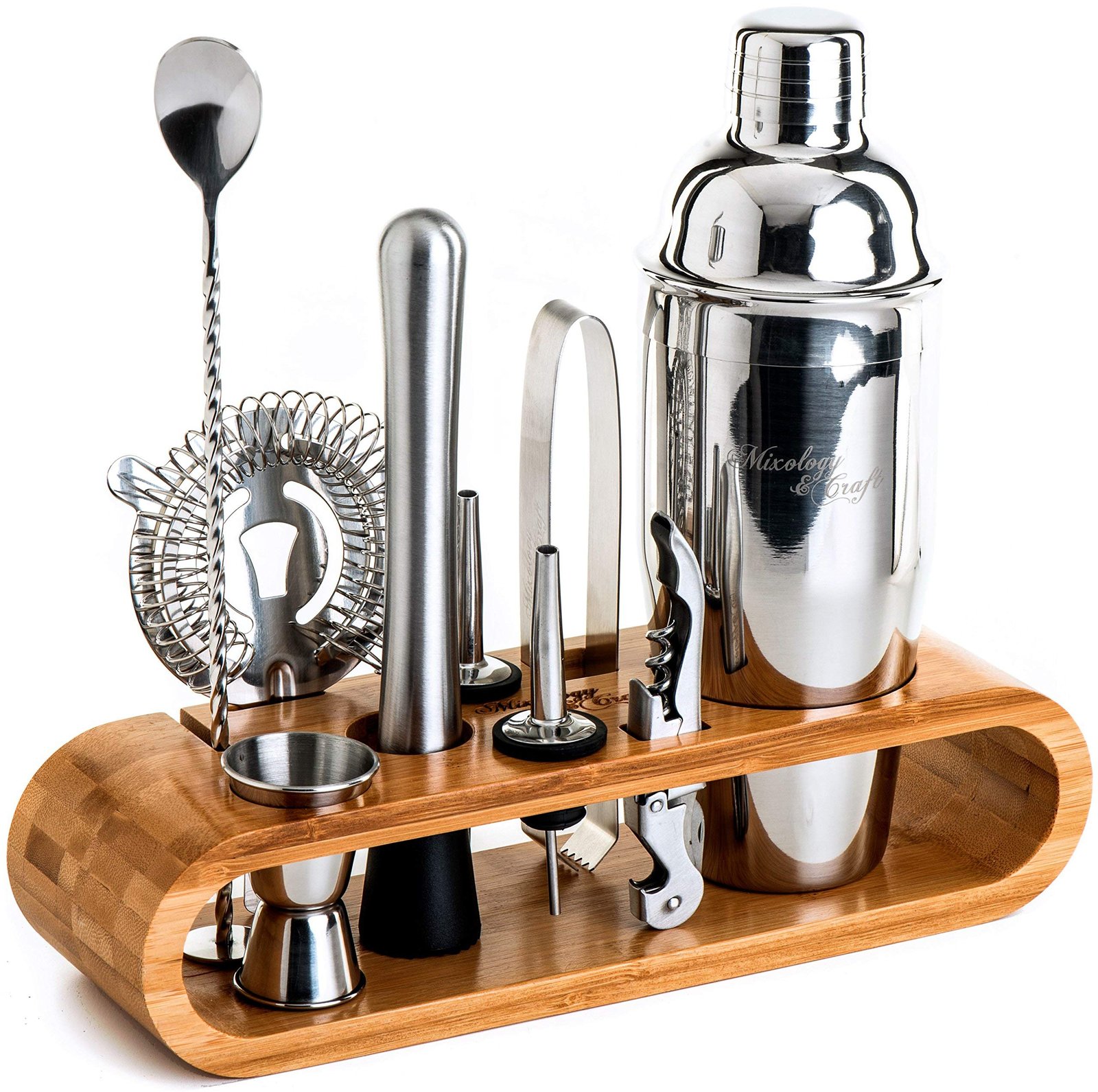 Cocktail shaker set with bar tools in a bamboo wood holder