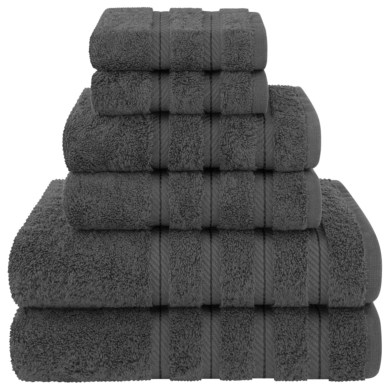 Stack of six gray bath towels with striped detailing