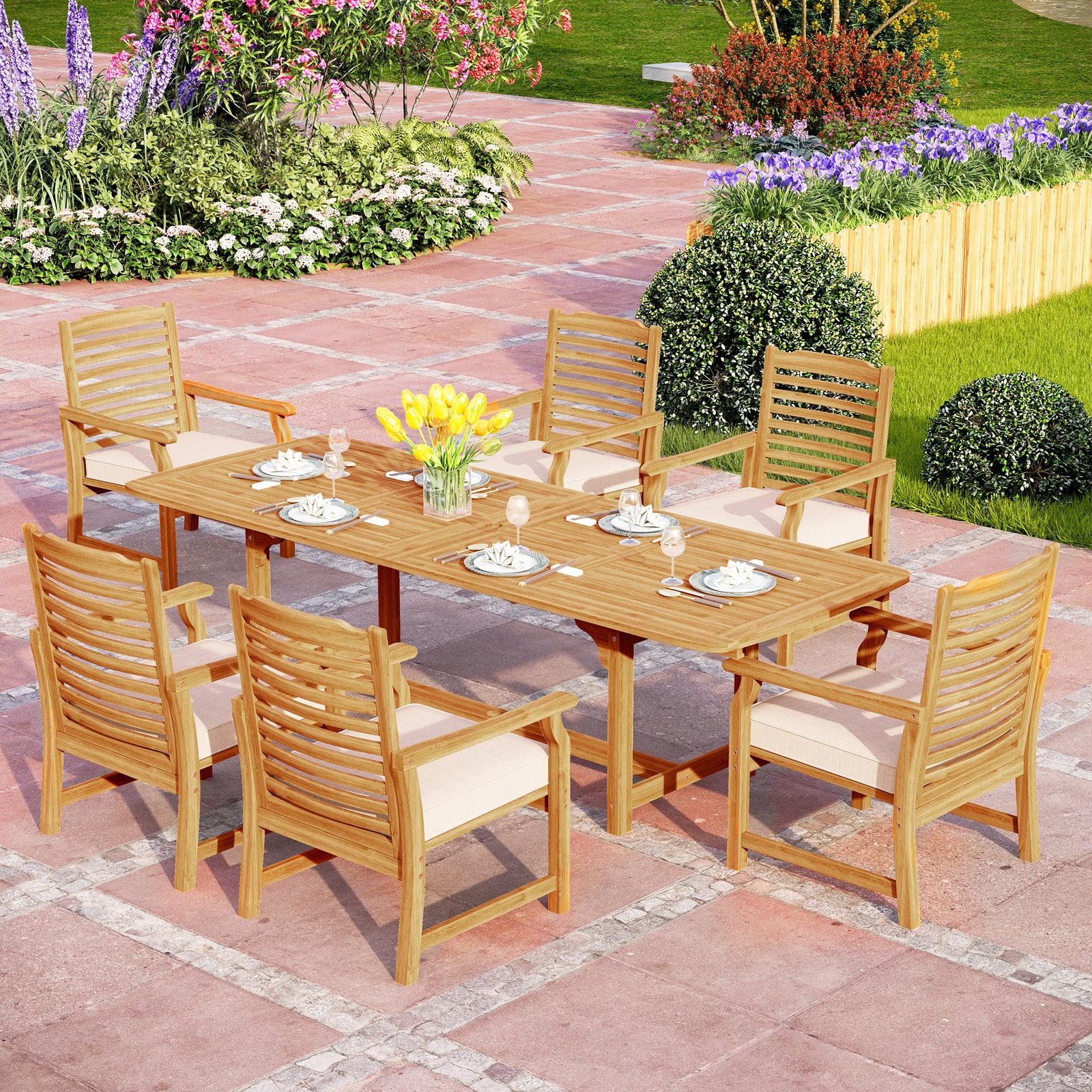 Outdoor dining set with wooden table, chairs, and floral garden background