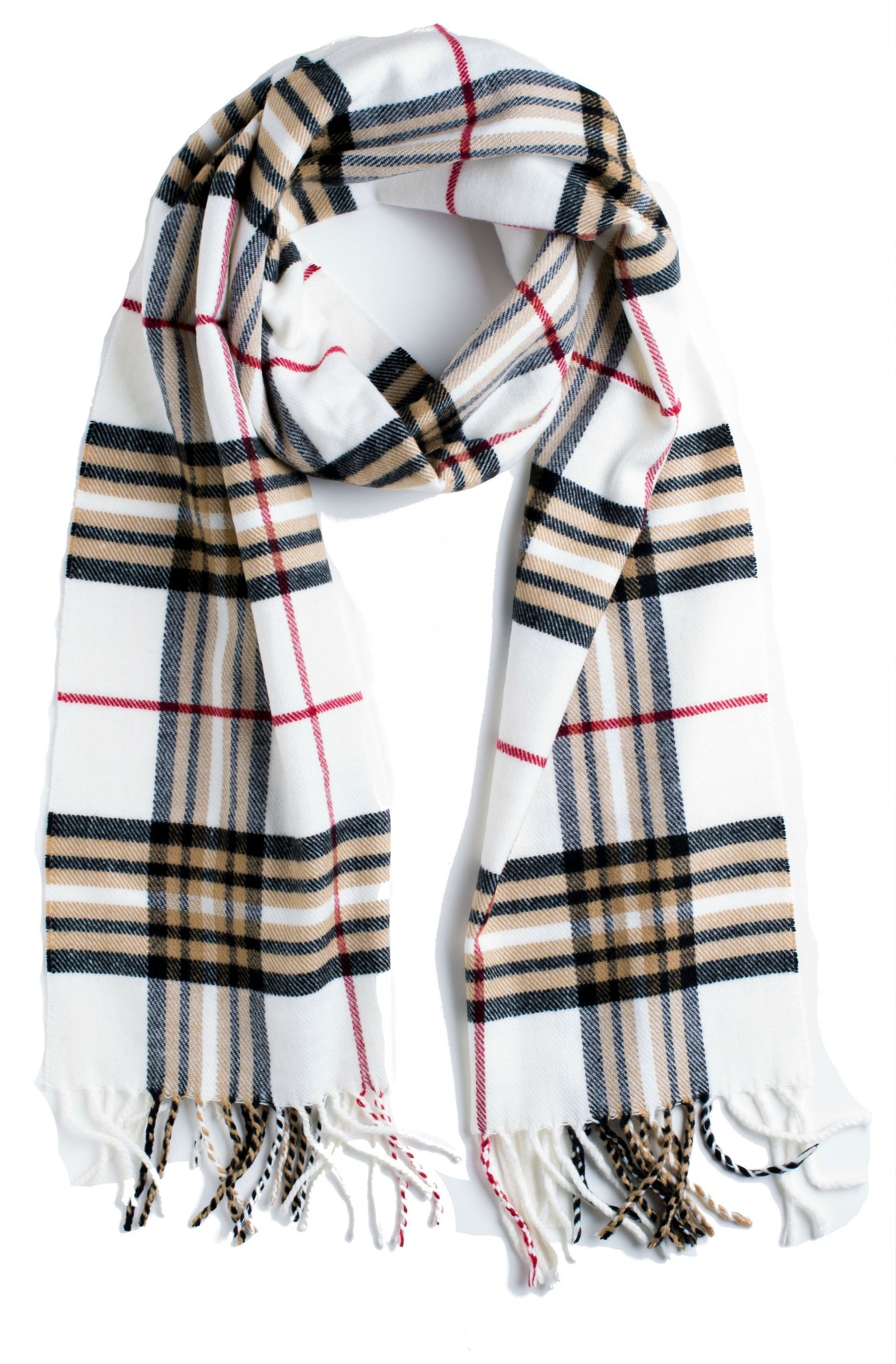 White plaid scarf with black, tan, and red accents, and fringe