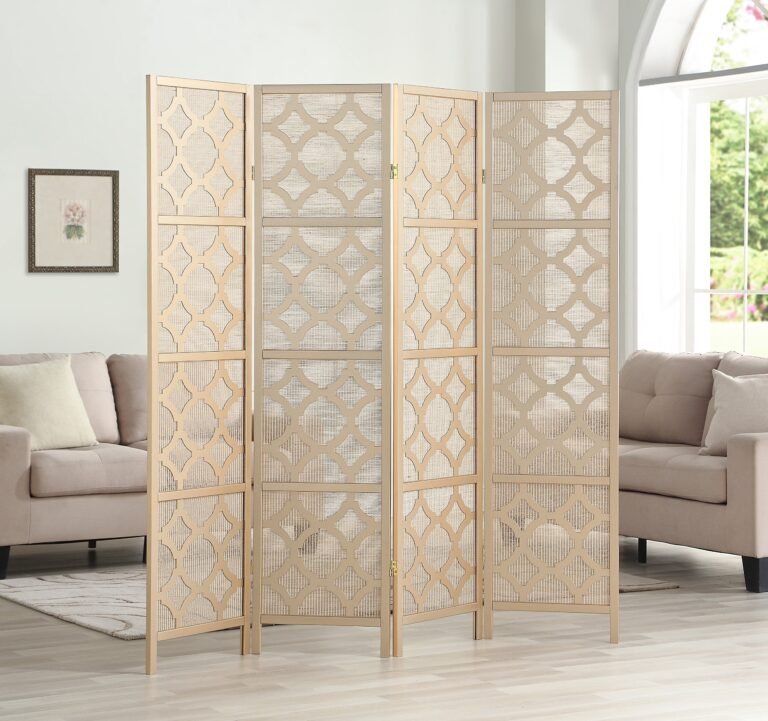 Four-panel room divider with geometric cutouts, in a living room setting