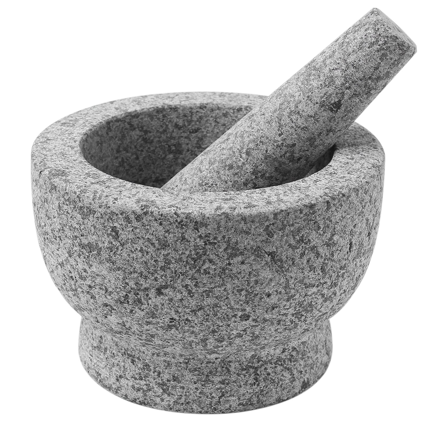 Gray granite mortar and pestle, used for grinding and crushing ingredients