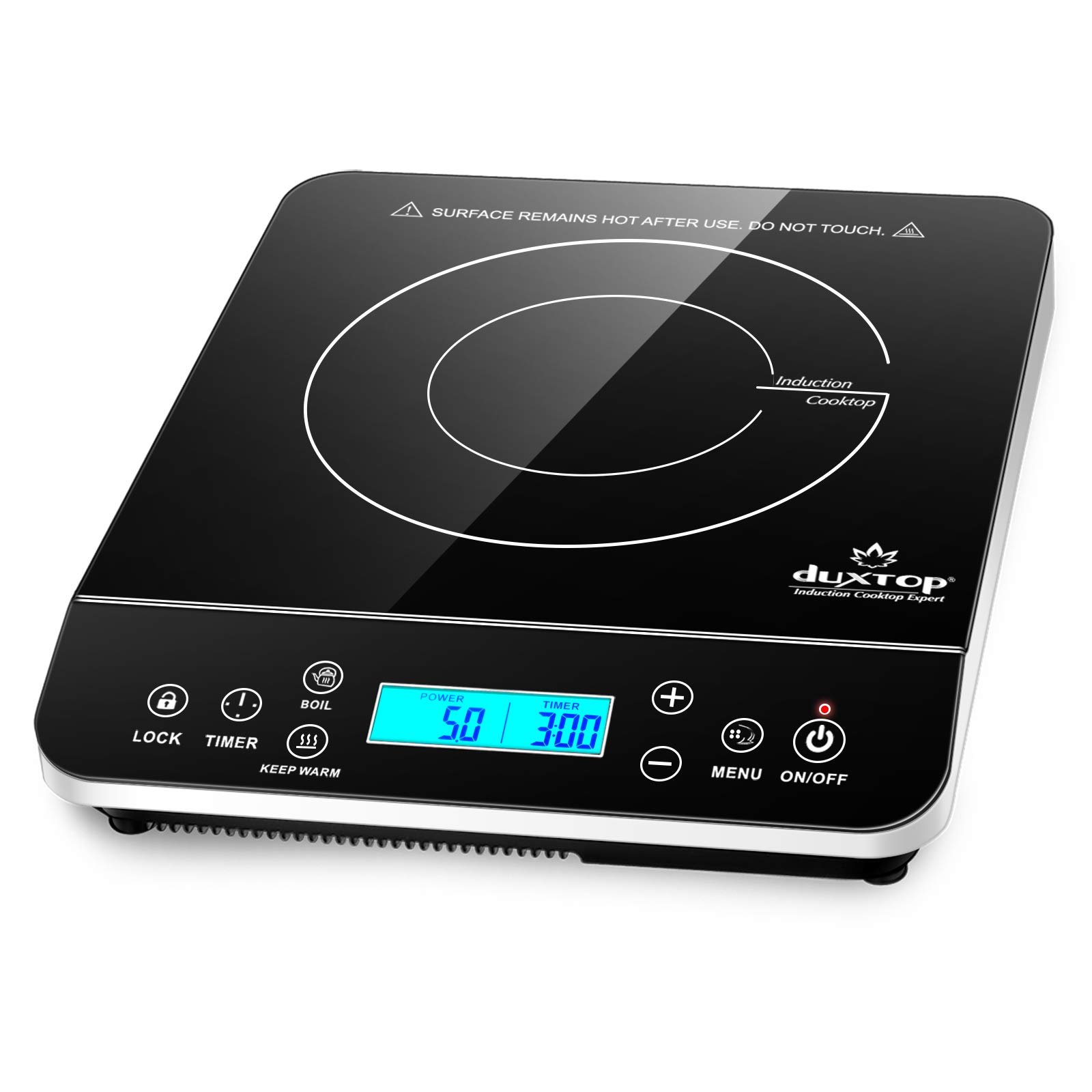 Black induction cooktop with digital display, control buttons, and warning label
