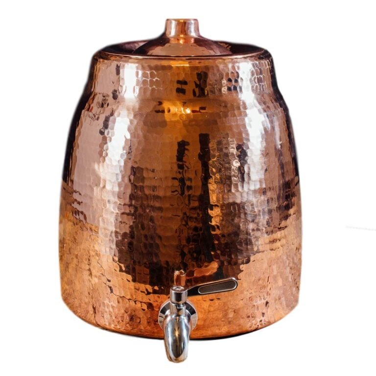 Hammered copper water dispenser with lid and silver spigot