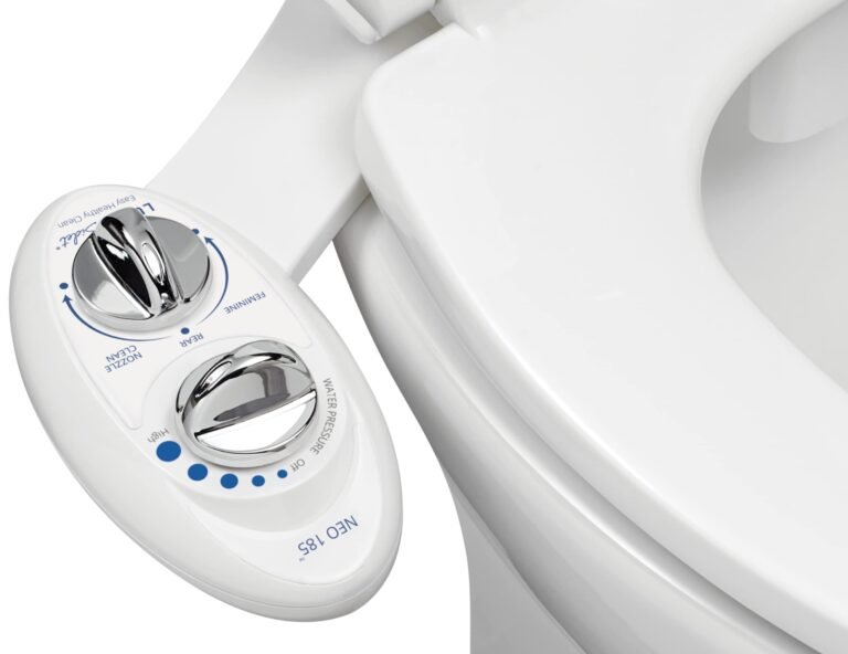 White bidet attachment with control knobs for water pressure and nozzle settings