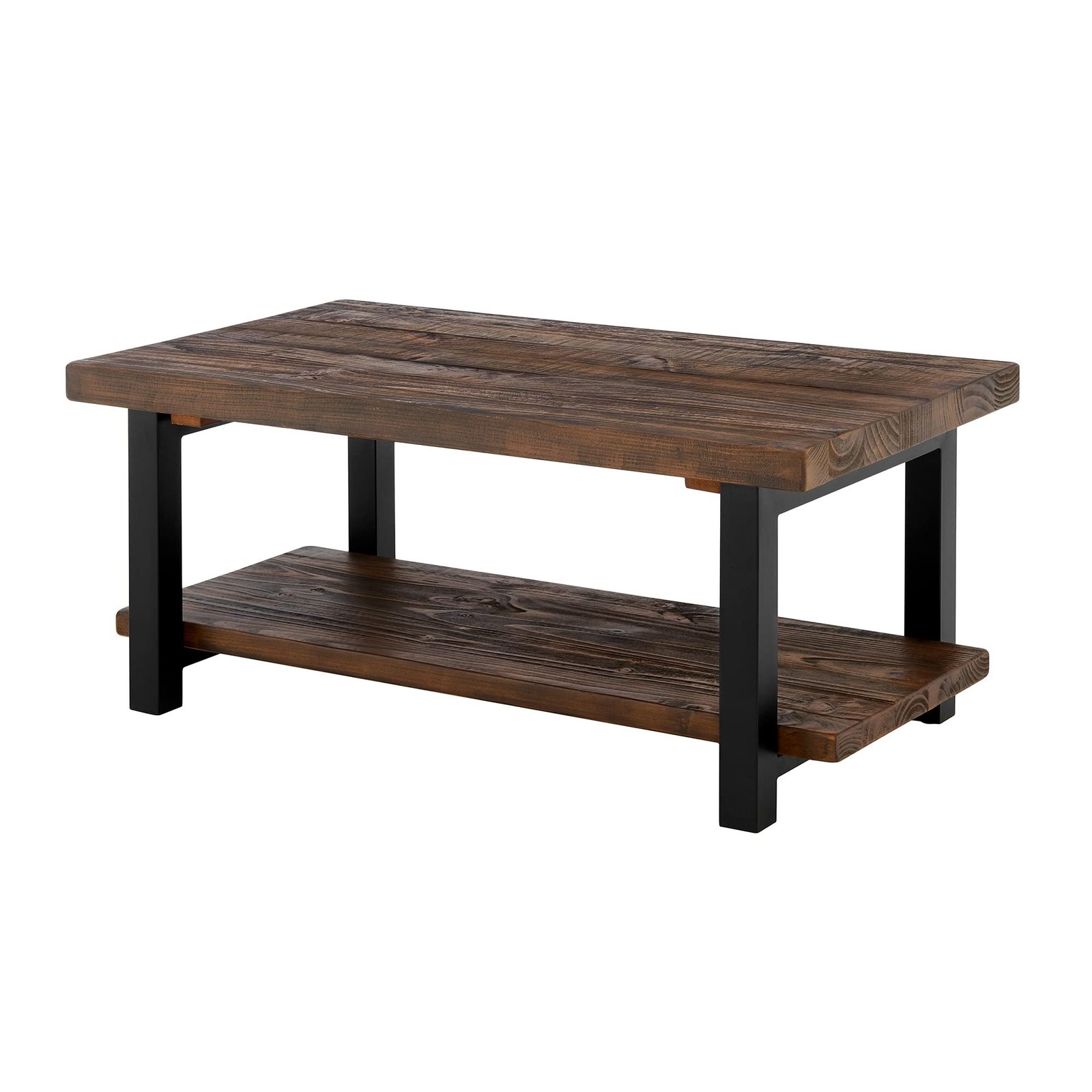 Wooden coffee table with a lower shelf and black metal legs