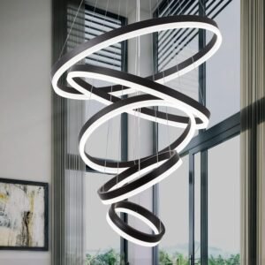 Modern black and white spiral chandelier hanging in a bright room