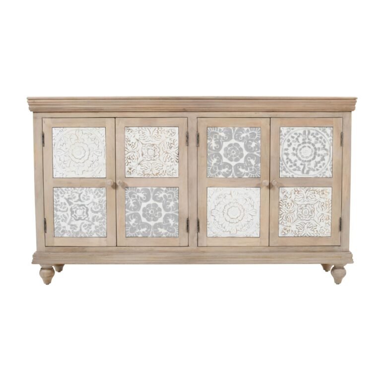 Wooden cabinet with carved floral designs on the doors