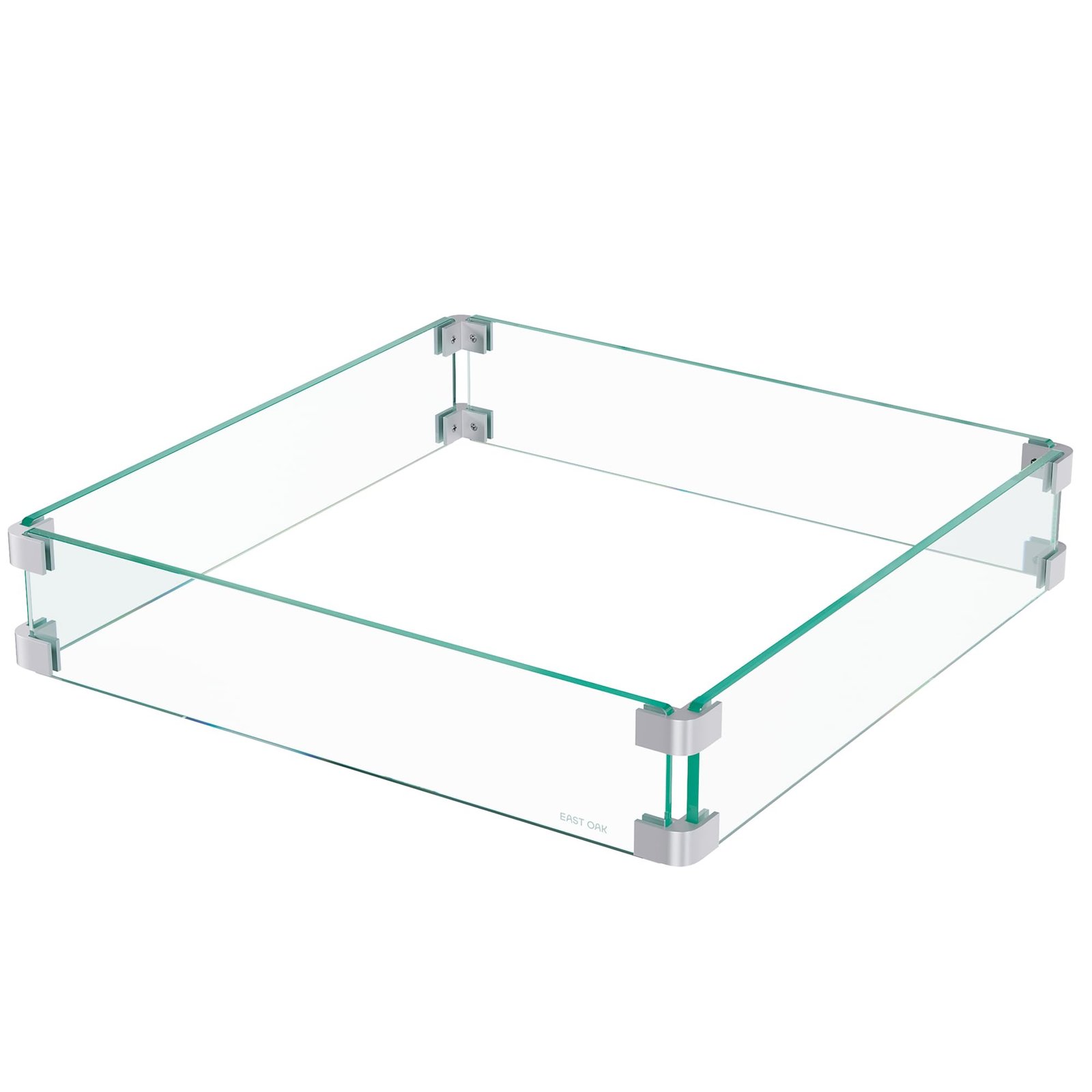 Square glass fire pit wind guard with metal corner connectors