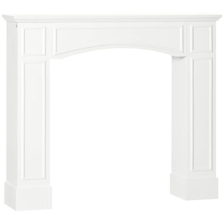 White wooden fireplace mantel with an arched opening