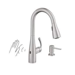 Touchless kitchen faucet with soap dispenser and hand gesture illustration