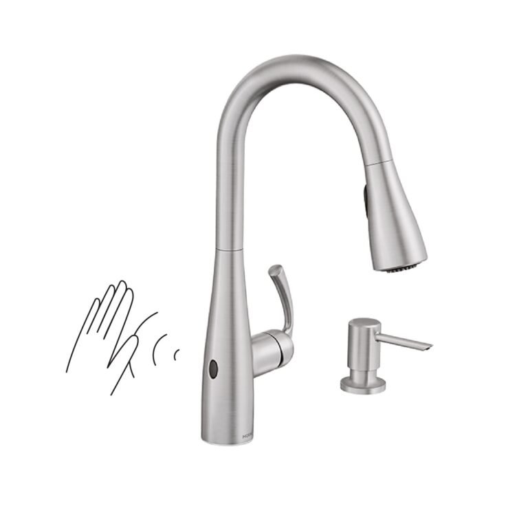 Touchless kitchen faucet with soap dispenser and hand gesture illustration