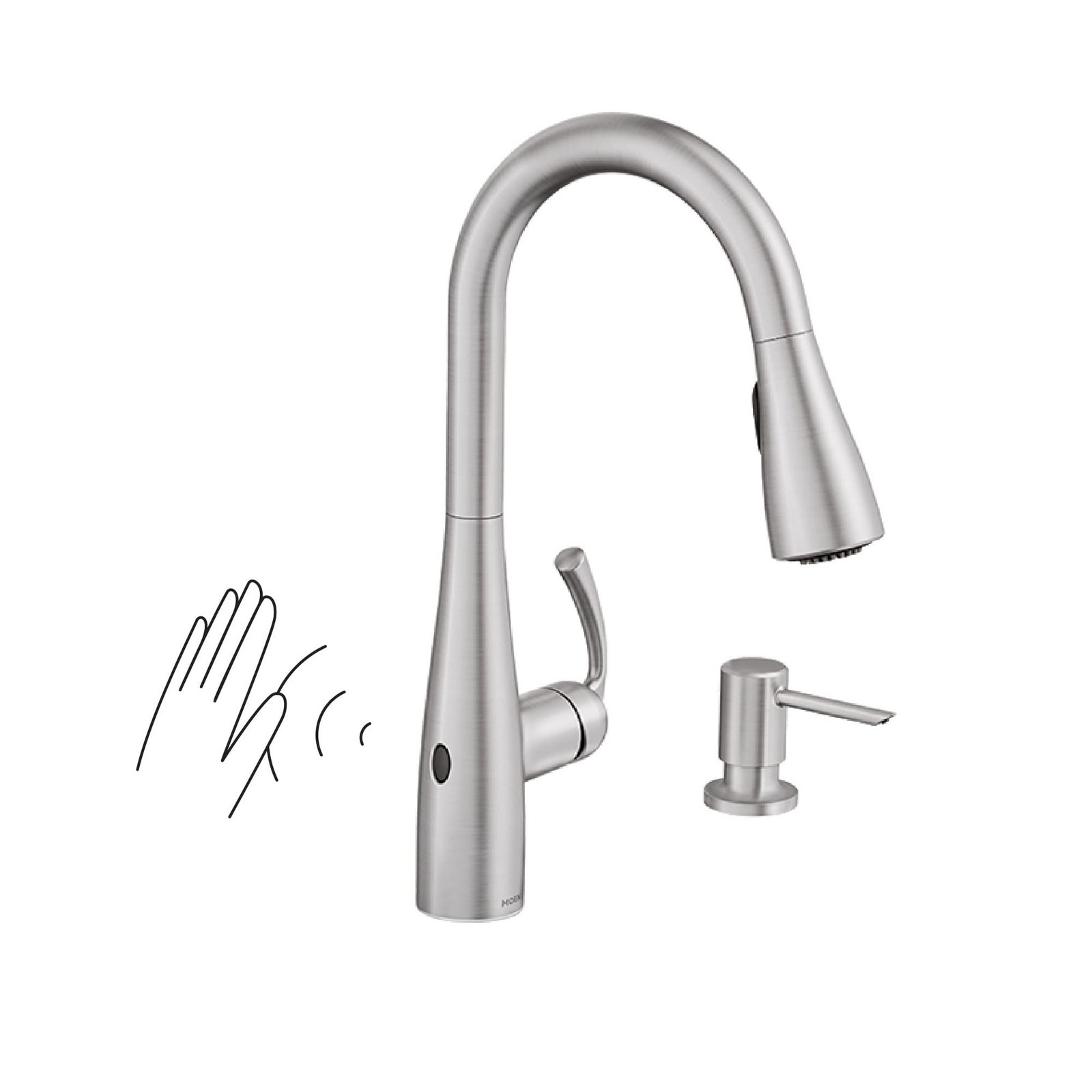 Touchless kitchen faucet with soap dispenser and hand gesture illustration