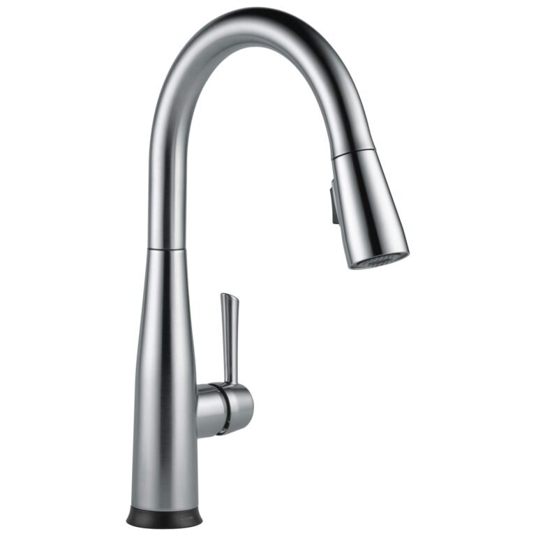 Brushed nickel kitchen faucet with a pull-down sprayer and single lever handle