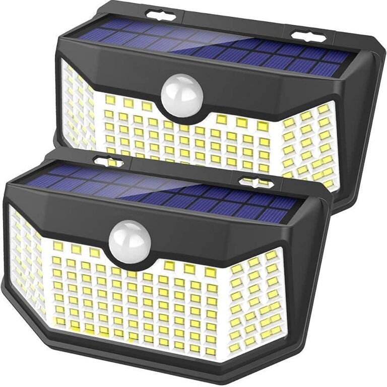 Two black solar-powered LED security lights with motion sensors