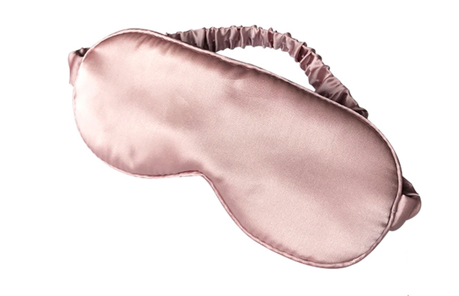 Pink satin sleep mask with elastic band on a white background