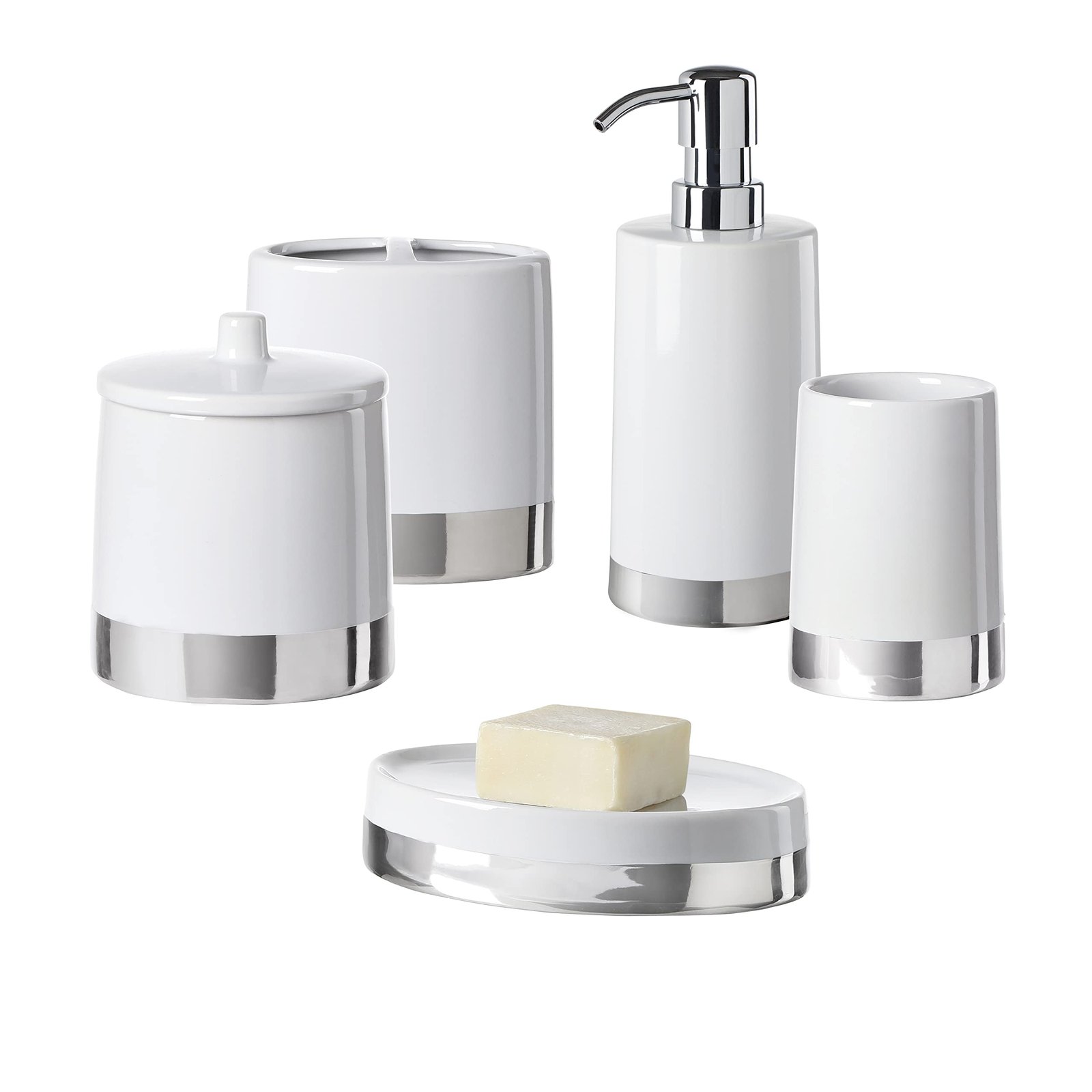 White and silver bathroom accessories set, including soap and dispenser