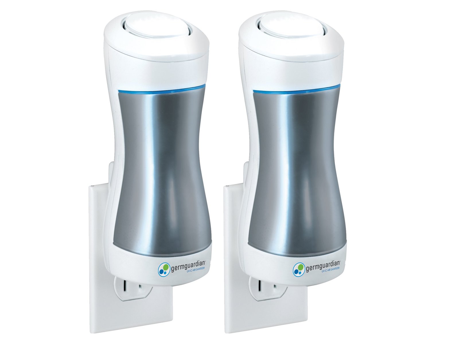 Two GermGuardian UV-C air sanitizers plugged into wall outlets