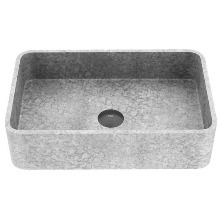 Rectangular marble-patterned sink with a drain and the Vigo logo