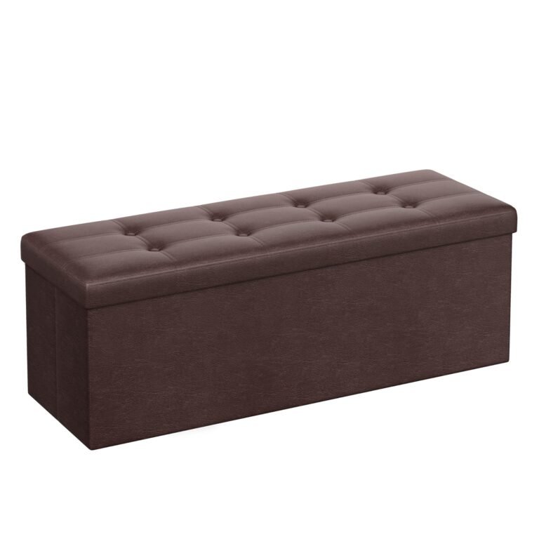 Brown rectangular storage ottoman with button-tufted top and hinged lid