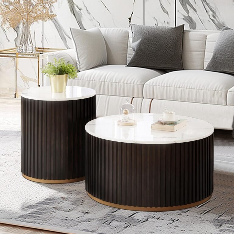 Two modern coffee tables with white tops, dark wood, and gold accents