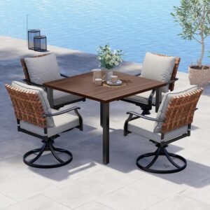 Outdoor dining set with square table and four woven-back chairs