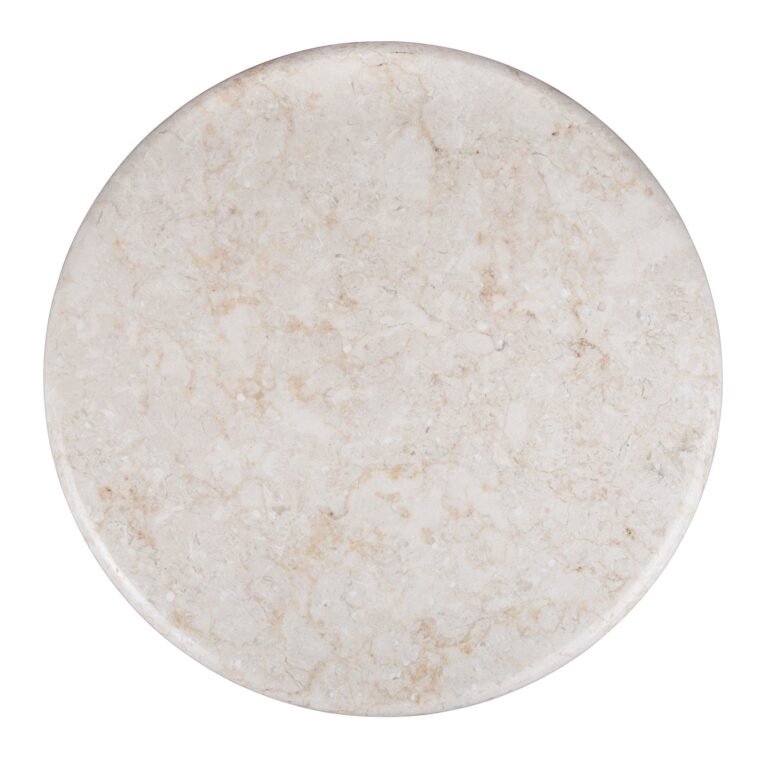 Round, beige marble tabletop with natural veining and a glossy finish