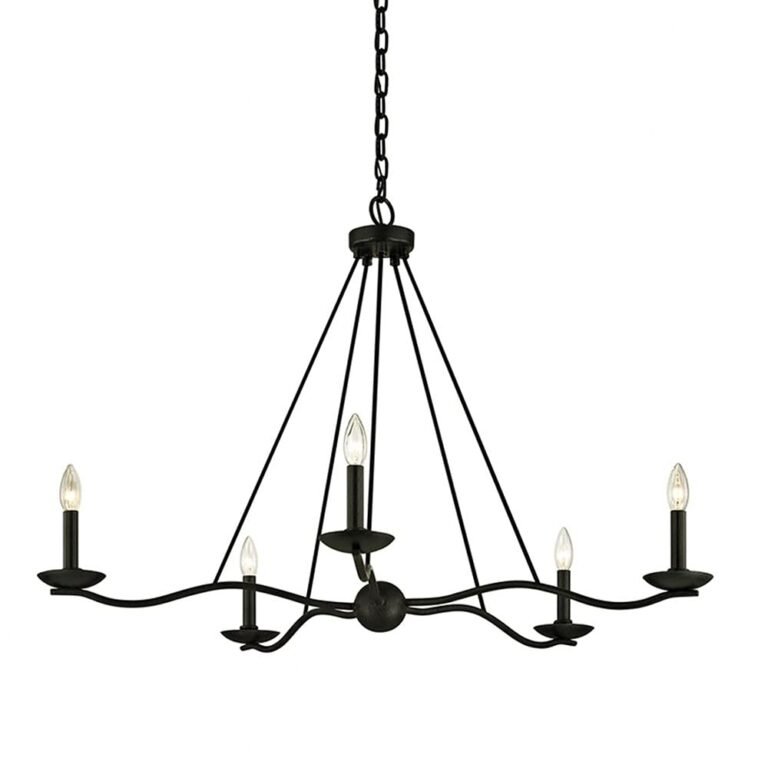 Black wrought iron chandelier with five candle-style lights, hanging from chain